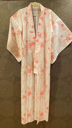 japanese traditional kimono, Yukata. vintage beautiful condition. arround 1960. Traditional Long Orange Kimono, Traditional White Robe With Kimono Sleeves, Traditional White Robe For Spring, Traditional Spring Wedding Kimono, Traditional Long Kimono For Spring, Vintage Long Kimono For Wedding, Floral Print Kimono For Tea Ceremony, Vintage Wedding Kimono With Kimono Sleeves, White Long Silk Kimono