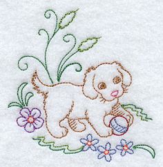 a small white dog with flowers on it's side and a ball in its mouth