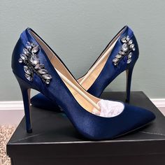 -Brand: Nina -Size: 10m -Color: New Navy -Condition: New, Never Worn -Smoke Free Home Chic Blue Heels For Prom, Elegant Blue Synthetic Heels, Blue Heels With Medium Width And Pointed Toe, Pageant Heels, Blue Wedding Shoes With 4-inch Heel For Evening, Blue Embellished Heels With Pointed Toe, Blue Pointed Toe Heels With Medium Width, Silver Wedge Heels, Blue Wedding Shoes With 4-inch Heel And Pointed Toe