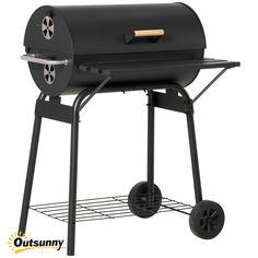 an outdoor bbq grill with wheels on the front and side, is shown in black