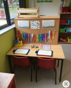 a wooden desk with lots of books on it and colorful clips hanging from the wall