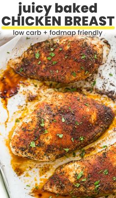 Juicy, oven baked chicken breast simply seasoned with a basic spice blend. Prepped and baked in no time at all! #GlutenFree + #Paleo + #LowCarb + #LowFODMAP friendly  #Keto #ChickenRecipes #ChickenDinner #GlutenFreeRecipes #PaleoDiet #LowCarbRecipes Juicy Oven Baked Chicken Breast, Juicy Oven Baked Chicken, Easy Baked Chicken Thighs, Oven Baked Chicken Legs, Oven Baked Chicken Breast, Baked Chicken Recipes Oven, Crispy Baked Chicken Thighs, Easy Oven Baked Chicken