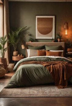 a bedroom with green and brown bedding, potted plants and pictures on the wall