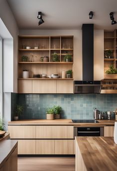 a kitchen with wooden cabinets and green tile backsplashing, potted plants on the counter