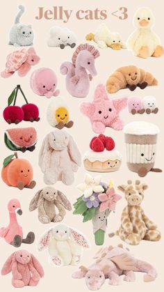 there are many different stuffed animals on this page with the caption jelly cats 3