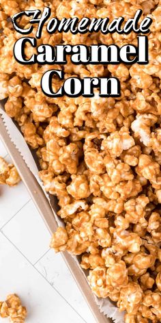 homemade caramel corn in a box with the words homemade caramel corn on top