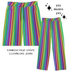 Gorgeous rainbow stripes are soooo cheerful and happy for your fresh clowncore look! Fantastic for professional clowning, very sturdy cotton twill pants that get softer and more comfortable with washing. Wide leg baggy leg is such a cute style when rolled at the ankle with bright fun shoes. Be extra #Clowncore #Maximalist let's gooooooo✌️ YESDOUBLEYES has FREE GLOBAL SHIPPING🌎 professional clowning clothes and shoes, alt clown punk fashions for Pride fest, rave, Burning Man, music festivals, roller derby, funky drag groovy party wear Specially made-to-order and worth the wait! Original artwork by yesdoubleyes ❤️Fabric: 100% cotton canvas twill feels sturdy like jeans ❤️Features: Roomy side pockets, back pockets, elastic drawstring waist ❤️Fit: RUNS SMALL please take measurements from clot Casual Cheap Rainbow Bottoms, Cheap Casual Rainbow Bottoms, Clown Punk, Clown Pants, Groovy Party, Fun Shoes, Rainbow Fruit, Pants Cotton, Roller Derby