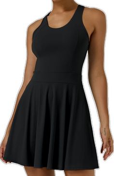 Stretch Mini Dress With Spaghetti Straps And Back Zipper, Workout Dresses With Built-in Bra And Racerback, Black Sleeveless Tennis Dress With Built-in Bra, Sleeveless Stretch Backless Dress With Built-in Bra, Stretch Sleeveless Backless Dress With Built-in Bra, Fitted Scoop Neck Dress For Workout, Sleeveless Stretch Mini Dress For Workout, Stretch Sleeveless Mini Dress For Workout, Strappy Back Dresses With Built-in Bra