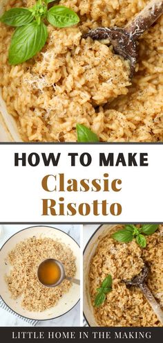 how to make classic risoto rice in the making with basil leaves on top