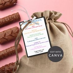 chocolate covered candies are in a bag next to a notepad with writing on it