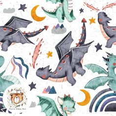 an image of watercolor dinosaurs and stars