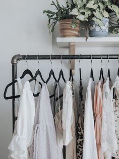 a rack with clothes hanging on it next to a potted plant and some plants