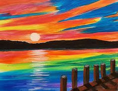 a painting of a colorful sunset over the ocean with pier posts and water in foreground