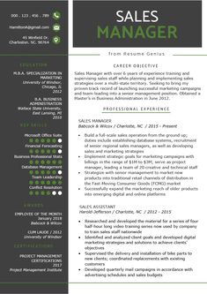 a professional resume for sales manager with green accents on the front and black back ground