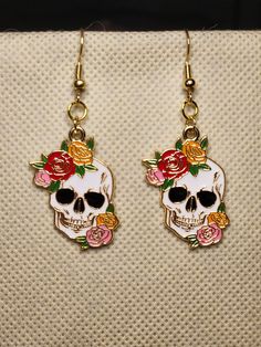 enamel skull floral crown earrings Skull-shaped Metal Earrings, Vintage Skull Print Jewelry Gift, Vintage Skull Print Jewelry For Gift, Vintage Skull Print Jewelry As Gift, White Skull Print Jewelry Gift, White Skull Print Jewelry For Gift, White Skull Print Jewelry, White Skull Jewelry For Day Of The Dead, Crown Earrings