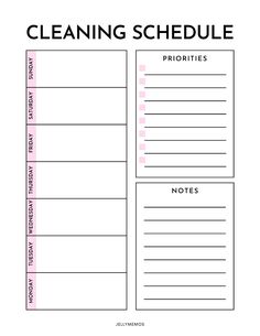 the cleaning schedule is shown in pink and black, with notes on each page to help you