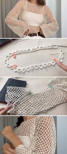 there is a woman that is making something out of yarn