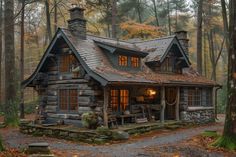 a log cabin in the woods with a porch and stone steps leading up to it