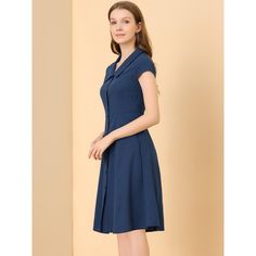 Featuring a button-down finish, this shirt dress is perfect for both formal and casual occasions. The midi length and short sleeves are comfortable and elegant. This short-sleeved button-up dress is made of soft cotton material, ensuring you'll stay comfortable all day, making it a stunning addition to your modern wardrobe without hesitation. The collar and short sleeves add elegance to your casual or formal look. Fastened with buttons, this dress features an A-line silhouette with a pointed col Dresses Navy Blue, Line Dresses, A Line Dresses, Cardigan Shirt, Modern Wardrobe, Button Up Dress, Formal Looks, Navy Blue Dresses, Womens Clothing Sizes