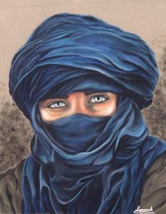 a painting of a woman wearing a blue head scarf and covering her face with a black veil