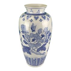 a large blue and white vase with flowers on the bottom, sitting in front of a white background