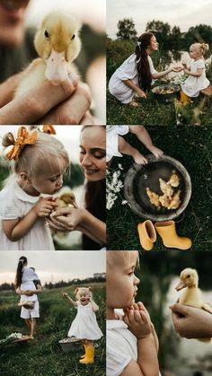 a woman holding a baby in her arms while she holds a chicken and some eggs