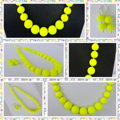 "Perfect for a warm summer day. Neon Yellow on the beach or at a party. Bright and festive and always fun. This is a 2 piece set. Complete with Necklace & Free Matching Drop earrings.  The Necklaces: is 18 \" Long with a 1 1/2\" extender chain for a comfortable fit. There is a single drop pearl. Silver lobster claw clasp for extra protection. The Pearls run from 6 MM - 12 MM with silver spacer beads. Neon Glass Rubberized Pearls. Professional Jewelry Wire finished off with wire guards. You can be sure that jewelry will last. The Earrings: Neon Yellow drop pearl earrings 1 1/2\" long ." Trendy Summer Jewelry, Time Necklace, Neon Jewelry, Neon Necklace, Yellow Necklace, Yellow Jewelry, Jewelry Summer, Professional Jewelry, Summer Jewelry