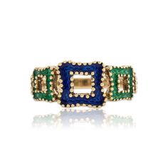 Awaiting your purchase is this 14k yellow gold ring crafted by vintage maker in this wonderful blue & green enamel design. This special item remains in Excellent condition. All gemstones are natural, earth mined stones, unless stated otherwise. Please refer to the photographs for an accurate color depiction, as the video may not accurately represent the color. Length: 9.7mm (north-south) Size / Item Length: 6.5 Weight: 4.8g Rise Above Finger: 4.9mm Band Width: 2.5mm ----------------------------- Blue Enamel Ring In Fine Jewelry Style, Blue Enamel Ring Fine Jewelry, Blue Enamel Fine Jewelry Ring, Green Enamel Anniversary Ring, Green Enamel 14k Gold Ring Gift, Green 14k Gold Enamel Ring As Gift, Vintage Green Enamel Ring For Anniversary, Vintage Blue Enamel Rings, Collectible Green Emerald Ring In 14k Gold