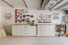 a garage with lots of tools on the wall and workbench in the center