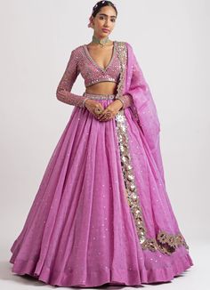 Lilac Blush Silk Organza Lehenga Set Vvani by Vani Vats - Fabilicious Fashion Blouse Of Lehenga Design, Simple Silk Lehenga Designs, Nice Blouse Designs, Pink Lehenga Look, Pink Lehenga Blouse, Dark Pink Lehenga, Indian Ghagra, Lehnga Outfit, Wedding Lehangas