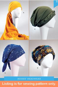 Sewing Pattern Make Hats and Headwraps for Women Uncut and Factory Folded This listing is for one sewing pattern to make all of the items listed below. Directions and pattern pieces are included. Please note that anything else shown as well as any fabric or supplies needed are not included. This pattern makes 8 different styles of hats and headwraps! Sew slouch hats from warm fleece or headwraps and kerchiefs from charmeuse or linen. Turbans have braided accent or interwoven bands. Make from a v Scarf Hair Wrap, Slouch Hats, Sleeping Cap, Womens Hats, Scarf Hair, Kwik Sew, Fleece Hat, Slouch Hat, Women's Headwear