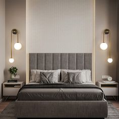 a large bed sitting in the middle of a room with two lamps on either side of it