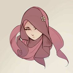 a drawing of a woman with pink hair wearing a scarf and flower in her hair