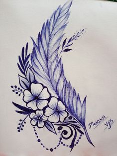 a drawing of a feather with flowers on it