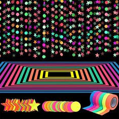 neon party supplies set with stars and confetti on black background, including streamers