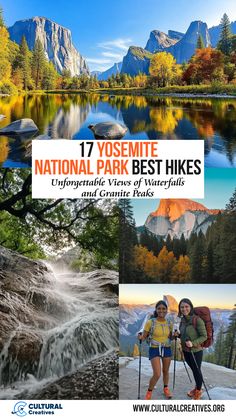 A collage of stunning Yosemite landscapes, waterfalls, granite peaks, and smiling hikers, showcasing the beauty of the 17 Yosemite National Park Best Hikes. Best Hikes In Yosemite National Park, Yosemite National Park Aesthetic, Hiking Yosemite, Hiking Usa, Hiking Spots