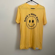 Yellow, ‘Have A Nice Day’ Design On Soft Tee Cute Cotton Tops For Daytime, Trendy Smiley Face Tops For Loungewear, Smiley Face Top For Loungewear, Relaxed Fit Smiley Face Top For Loungewear, Trendy Smiley Face Loungewear Tops, Smiley Face Crew Neck Tops For Loungewear, Have A Nice Day, Nice Day, Good Day