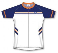 an orange and blue cycling jersey on a white background