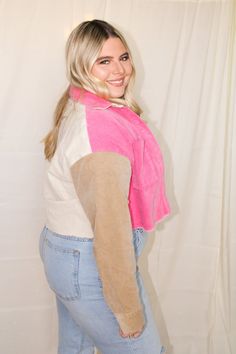 Corduroy jacket with pockets Collar neck Button down front & sleeve button closure Solid cream colored back Frayed edge bottom Cream, tan, hot pink, & hunter green color block design 97% cotton, 3% spandex True to size Size up for a more oversized look Model is 5'3", Bust 34", and wearing a size medium Pink Corduroy Outerwear With Pockets, Pink Corduroy Outerwear For Fall, Green Color Block, Hunter Green Color, Color Block Design, Jacket With Pockets, Collar Neck, Block Design, Corduroy Jacket