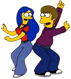 an image of two people dancing together in the simpsons cartoon character style with their arms up