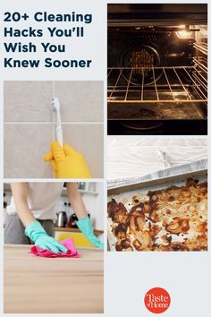 the cover of an oven cleaning manual with images of cooking items in it and words that read, 20 + cleaning hacks you'll wish you knew knew