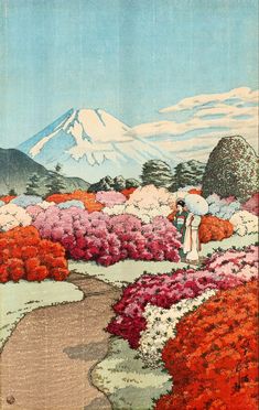 an image of a painting with mountains and trees in the background, including pink flowers