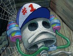 a cartoon character wearing a baseball cap and green hoses in front of a net