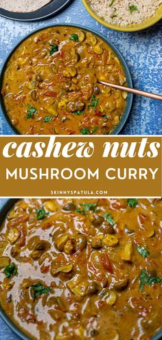 mushroom curry with cashew nuts in a bowl and on the side, next to other dishes