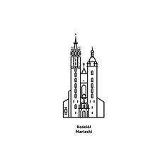 a black and white line drawing of two buildings with spires in the middle one has a clock on it's side