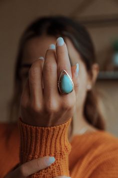 Larimar Ring ~ Statement ~ Gemstone ~ Semi Precious Stone ~ Blue ~ White ~ Natural ~ Organic ~ Sterling Silver 925~Tear Drop~Thin Band~MR265 Everyday Sterling Silver Turquoise Ring, Spiritual Turquoise Ring, Larimar Ring, Larimar Rings, Water Element, The Dominican Republic, Worry Stones, Ring Sterling Silver, Dominican Republic