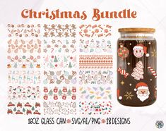 christmas stickers and decals are on display in a jar with the words, christmas bundle