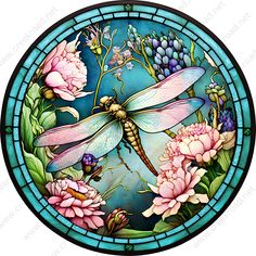 a stained glass window with flowers and a dragon on it's wings, surrounded by pink peonies