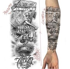 the arm sleeve is decorated with tattoos and words, including an angel on one side