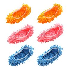 four mop heads with different colors and sizes on white background for use in cleaning